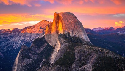 Naklejka premium Half Dome in Yosemite National Park illuminated by a vibrant sunset.