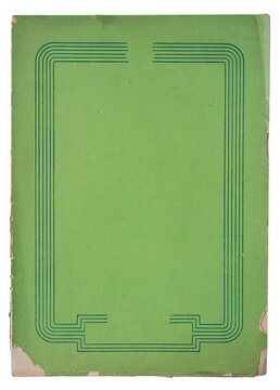 Ornate vintage green document folder cover with a geometric decorative line border and worn edges isolated on a white background
