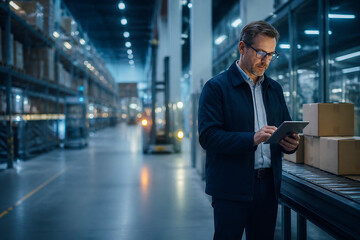 Fototapeta premium A businessman in a suit is looking at a tablet inside a large, modern warehouse.