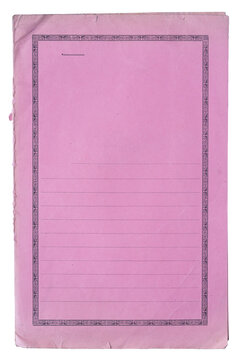 Tall pink vintage document folder with an ornate black border, blank lined label area and worn edges on white