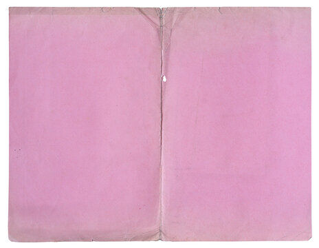 Wallpaper background of old pink folded paper texture with central crease and worn edges