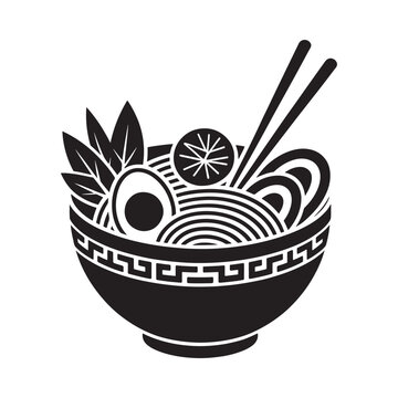Ramen bowl with noodles and toppings black silhouette on white background