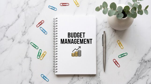 Budget management notebook on marble background, financial planning spiral notepad with pen, business accounting and investment strategy concept
