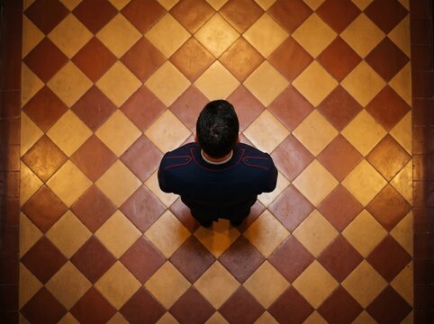 Aerial overhead view of a military officer standing on a classic yellow and brown checkerboard tiled floor