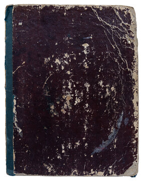 Wallpaper background of distressed vintage book cover texture with dark brown surface and blue spine isolated