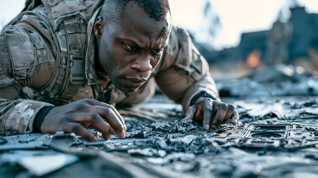 Military analyst crouching over destroyed drone wreckage on an examination tarpaulin. Concept of enemy drone analysis.