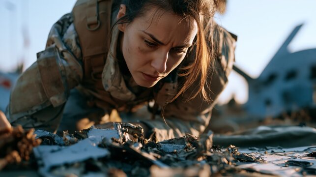 Military analyst crouching over destroyed drone wreckage on an examination tarpaulin. Concept of enemy drone analysis.