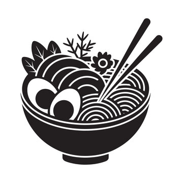 Ramen Bowl With Chopsticks Black Silhouette On White Background