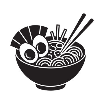 Ramen bowl with eggs and chopsticks black silhouette on white background