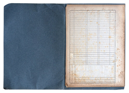 Open vintage ledger book folder with aged stained spreadsheet paper pages and blue covers isolated
