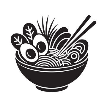 Ramen bowl with eggs and noodles black silhouette on white background