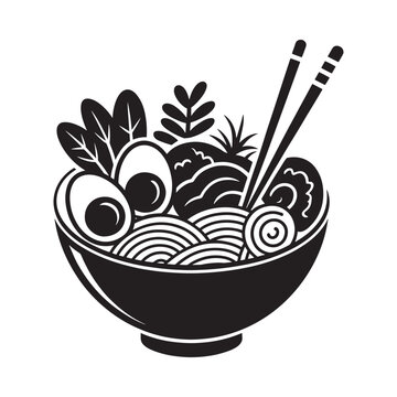 Ramen Bowl With Noodles And Toppings Black Silhouette Illustration