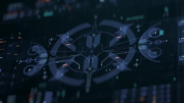 Futuristic HUD interface element with digital data screen, scifi technology user interface loop, abstract cyberpunk holographic design, high tech computer screen dashboard animation.