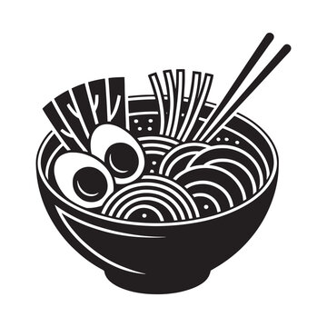 Ramen bowl with eggs and chopsticks black and white silhouette