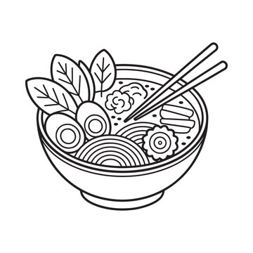 Ramen bowl with noodles egg and chopsticks black and white illustration