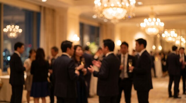 Blurred silhouettes of business professionals networking at an evening corporate gala reception inside a luxury hotel ballroom with warm chandelier lighting and elegant atmosphere