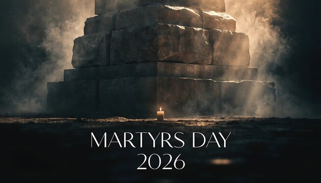 Martyrs day 2026 memorial stone sculpture in atmospheric foggy light with memorial sculpture remembrance honoring monument darkness atmosphere reflection sacrifice national patriotic