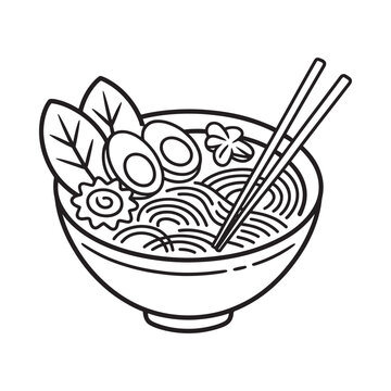 Ramen bowl with noodles eggs and chopsticks black and white illustration