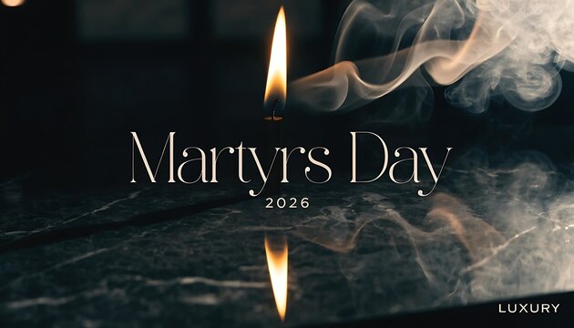 Martyrs day 2026 abstract concept with a single lit candle flame and smoke reflecting on a dark textured surface as a solemn memorial tribute memorial remembrance reflection darkness