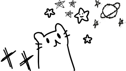 Hand-drawn cute cat looking at stars and a planet doodle, minimalist sketch illustration © Fitri Xcv