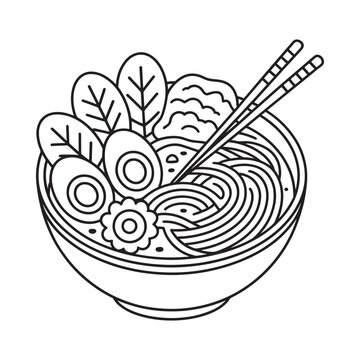 Ramen bowl with toppings black and white vector illustration