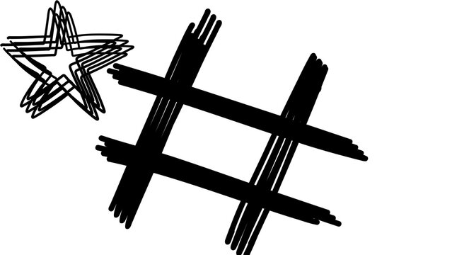 Hand-drawn bold hashtag symbol doodle with a small sketchy star, minimalist marker illustration
