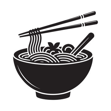 Ramen bowl with chopsticks black silhouette on white background