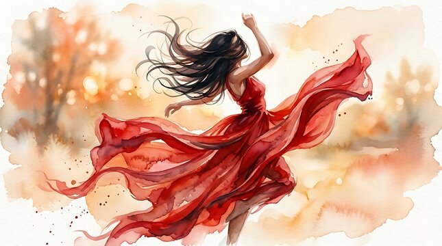 Elegant woman in flowing red dress dancing in autumn watercolor painting