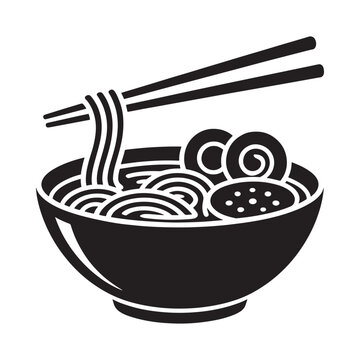 Ramen bowl with noodles and toppings black silhouette on white