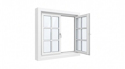 Obraz premium Modern White Architectural Window Frame with Opened Glass Panes for Realistic Interior and Exterior House Construction Design