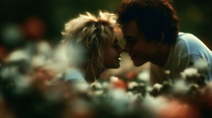 Obraz premium Soft focus couple embracing in flowers for romantic love concept.