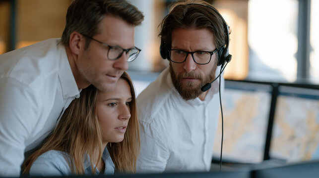 Emergency dispatch supervisor leaning over a trainee at a 911 call center console, listening in on a live call through a headset splitter, the glow of active incident maps across