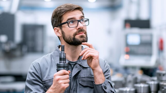 CNC machinist holding a collet tool holder in a machining shop while thinking. Concept of quiz, consultation and trivia about CNC machining.