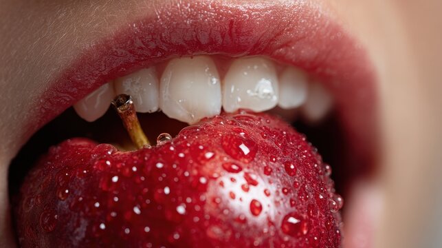 Dental bite detail: incisors gripping a fresh fruit in soft focus
