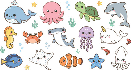 Kawaii Cute Cartoon Sea Animal Vector Sticker Set featuring Smiling Marine Creatures for Kids Education, Baby Shower Patterns, and Children Room Decor © Md shain