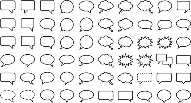 Collection of various speech bubble icons featuring diverse geometric shapes and thought clouds for communication design and interface elements