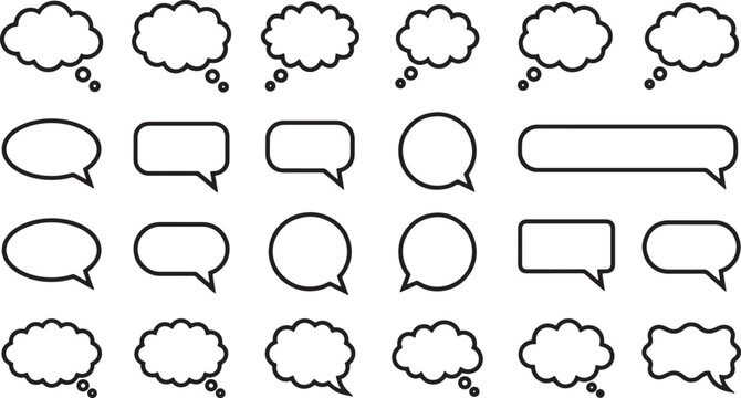 Collection of various speech bubbles and thought clouds with black outlines for communication design and digital interface elements