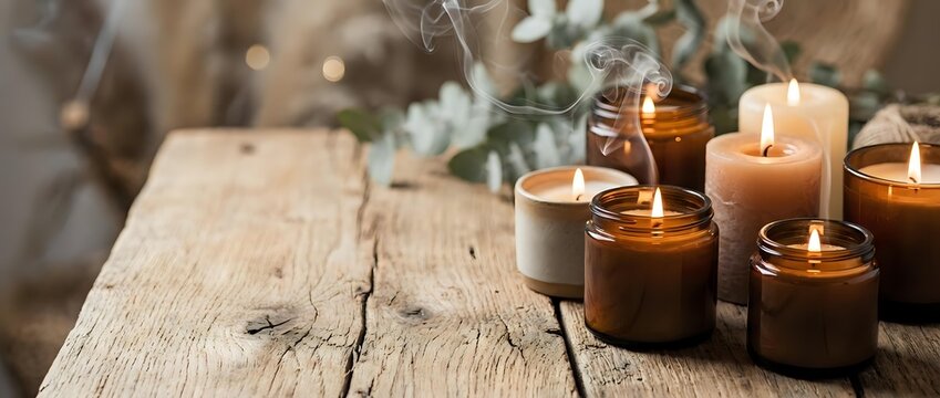 Lit candles in glass jars arranged on rustic wooden surface with dried botanicals, creating warm ambient lighting for home decor, wellness, and relaxation design projects.