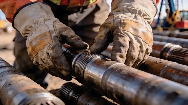 Close-up of worker's gloved hands screwing together threaded drill pipes on an oil rig