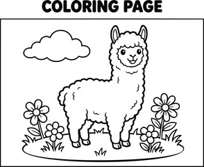 Fototapeta premium Black and white cartoon alpaca standing on grass with flowers and clouds
