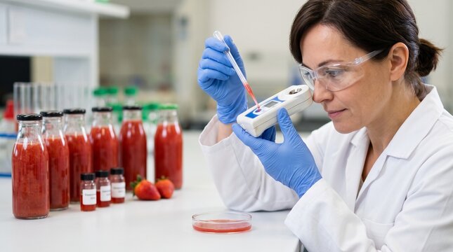 Strawberry juice tested with refractometer in food laboratory, quality control portrait with copy space