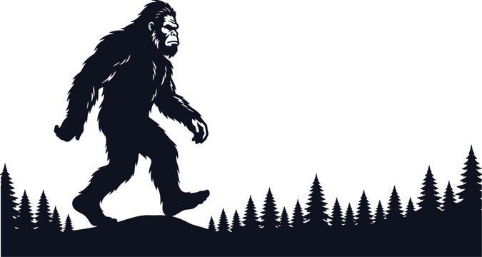 Minimalist black and white vector illustration showing a large sasquatch walking through a dense pine forest