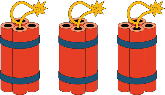 Dynamite stick bomb vector icon set, red tnt explosive bundles with lit fuse game assets layout design