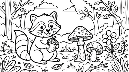 Fototapeta premium Cartoon raccoon holding an acorn standing beside a mushroom in a forest setting