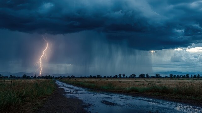 Dramatic thunderstorm illuminating a windswept field under ominous skies