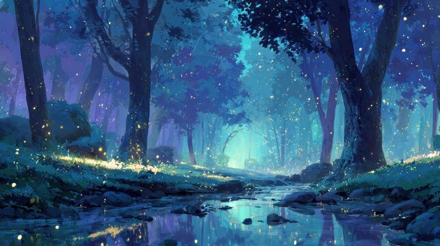 Dreamlike anime-inspired night forest scene with soft moonlight and mist