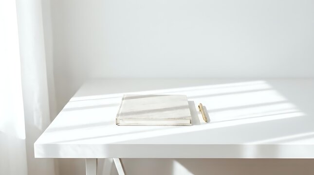 Minimalist workspace with stacked neutral papers and gold clips on white table in bright natural light, suitable for office and stationery design projects.