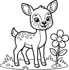Fototapeta premium Cute cartoon baby deer with large expressive eyes standing next to a small flower cartoon deer animal cute animal