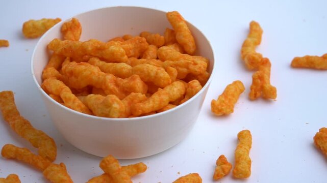 Closeup of puff corn cheese in a white plastic bowl and its surroundings isolated on a white background