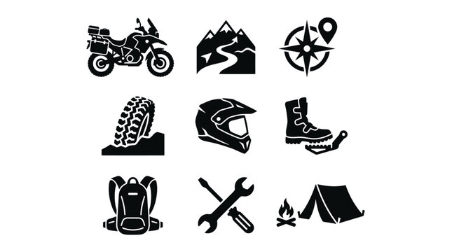 Outdoor Adventure Sports Equipment Icons.
